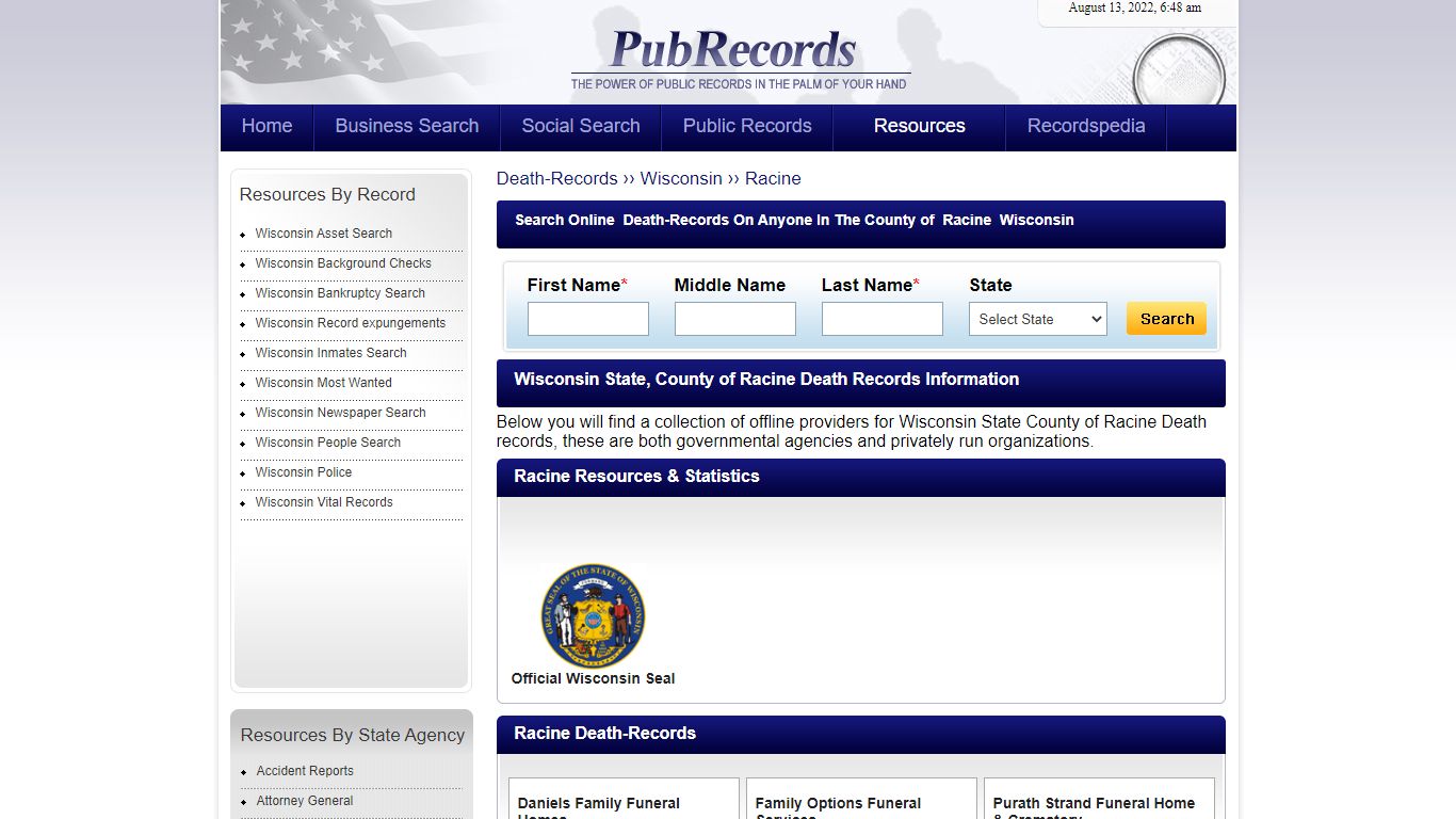 Racine County, Wisconsin Death Records