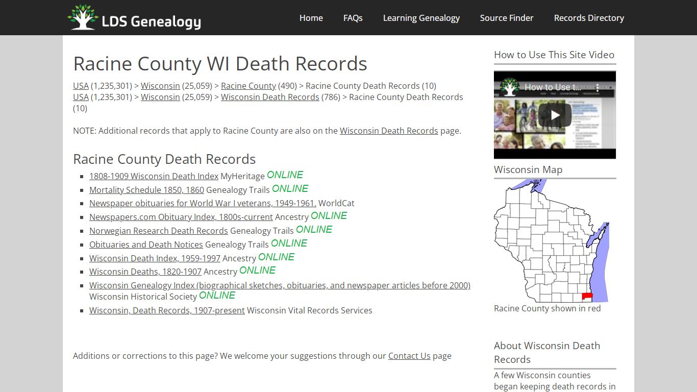 Racine County WI Death Records - LDS Genealogy