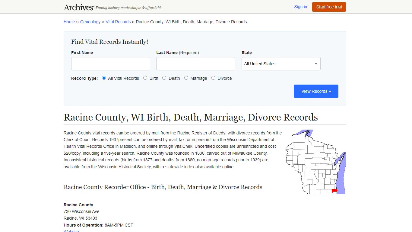 Racine County, WI Birth, Death, Marriage, Divorce Records